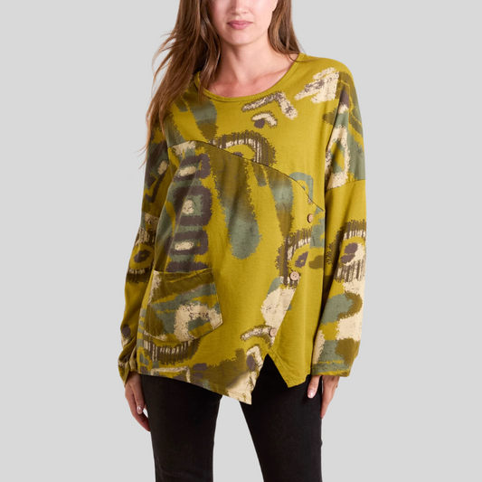 Long sleeve over size top with asymmetric hem in autumn colour mix